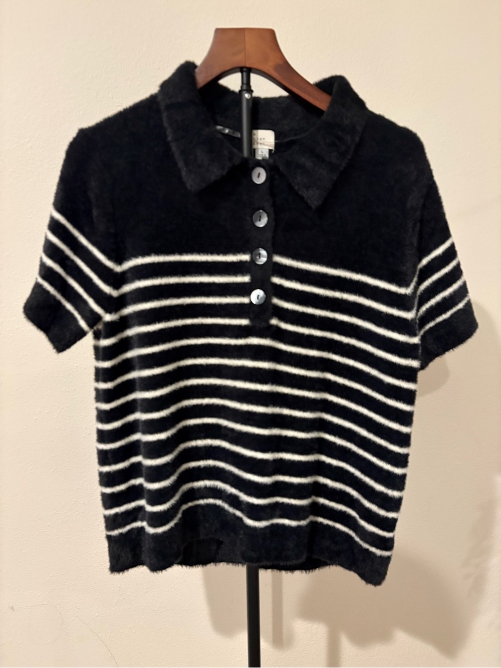 a new day Black & White Striped Short-Sleeve Polo Sweater L